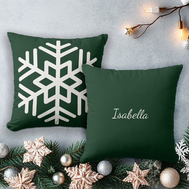 Big White Snowflake on Forest Green Monogram Cushion (Creator Uploaded)