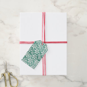 Big White Snowflakes Falling Green Background Gift Tags
