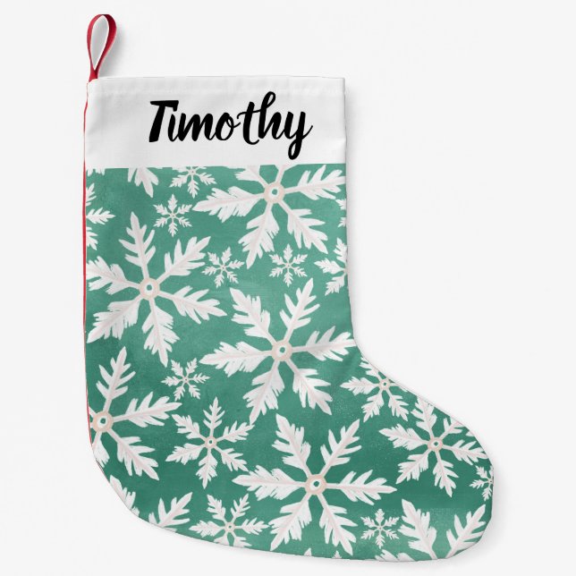 Big White Snowflakes Falling Green Background Small Christmas Stocking (Front)