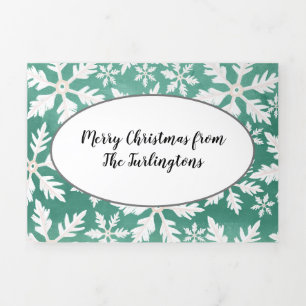 Big White Snowflakes Falling Green Background Tri-Fold Holiday Card