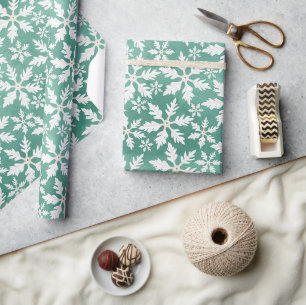 Big White Snowflakes Falling Green Background Wrapping Paper