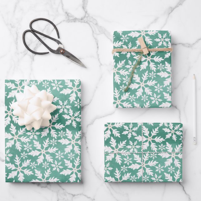Big White Snowflakes Falling Green Background Wrapping Paper Sheet (Front)