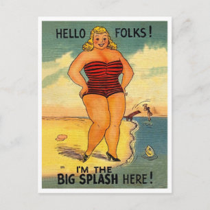 Big woman on the beach, funny vintage postcard