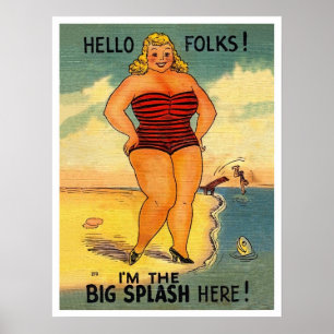 Big woman on the beach, funny vintage poster