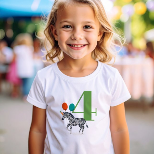 Big Year Birthday Party Zebra T-Shirt (Party Animals 4th Birthday t-shirt with zebra wearing a party hat and holding colorful balloons)