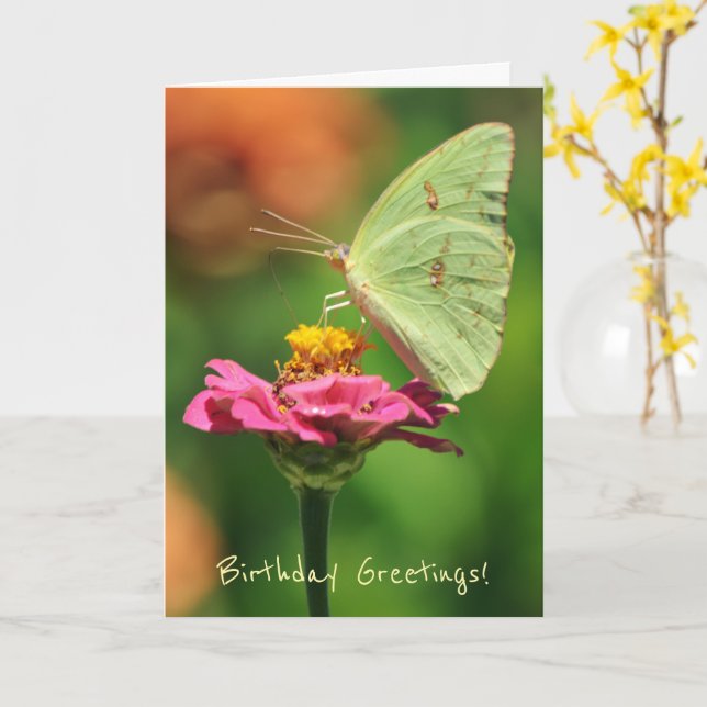 Big Yellow Butterfly on a Flower Birthday Card (Yellow Flower)