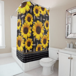 Big Yellow Sunflower Industrial Grid Weave Pattern Shower Curtain