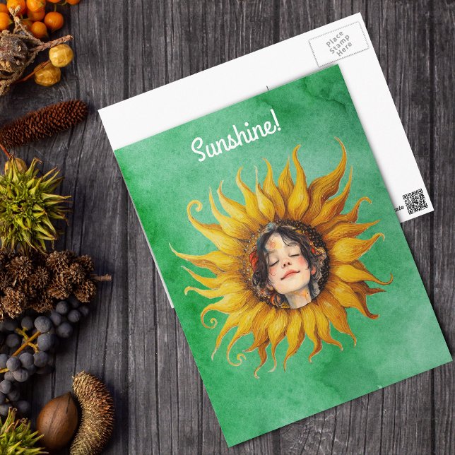Big Yellow Sunflower With Face Of Girl on Green Postcard (Glowing yellow sunflower with girl's face in the center on watercolour look green postcard.)
