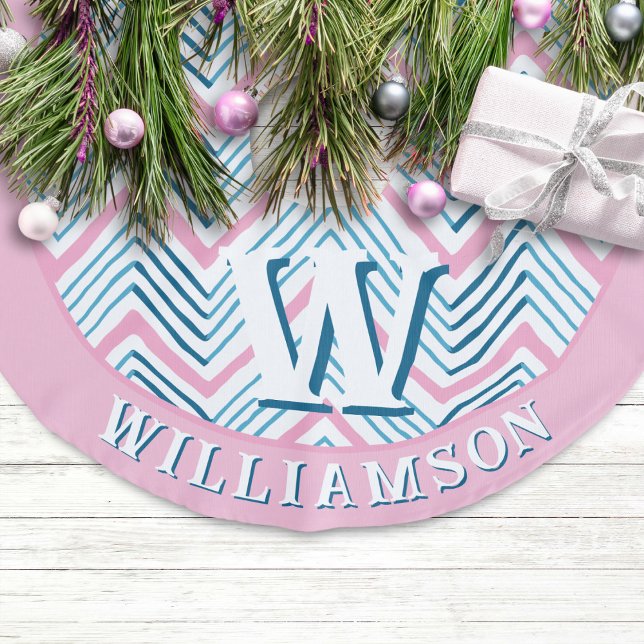 Big Zag Chevron in Pink + Aqua Personalised Faux Linen Tree Skirt (Creator Uploaded)