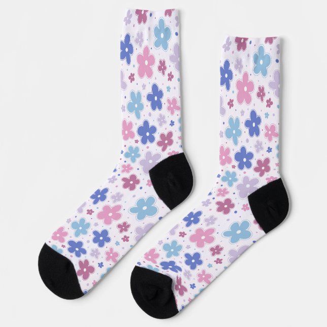 Bigender Pride Flowers Doodle Pink Blue Lavender Socks (Left)