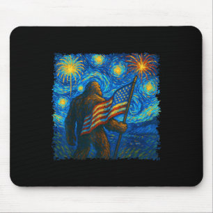 Bigfoot 4th Of July Starry Night Van Gogh Usa Flag Mouse Pad