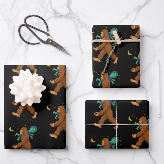 Bigfoot Abducting an Alien Funny Paranormal  Wrapping Paper Sheet (Front)
