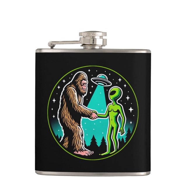Bigfoot Alien Alliance - Funny Scifi Cryptid Hip Flask (Front)
