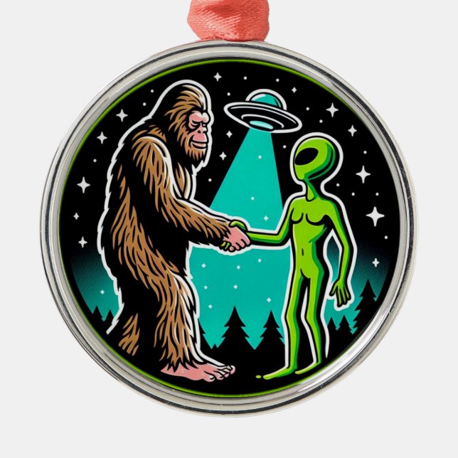 Bigfoot Alien Alliance - Funny Scifi Cryptid Metal Ornament (Front)