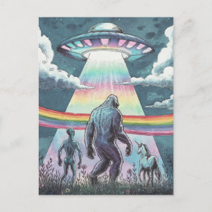 Bigfoot, Alien, and Unicorn with a UFO Postcard