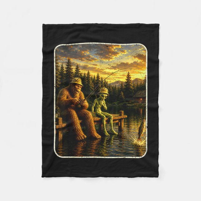 Bigfoot alien fishing funny men sasquatch lovers fleece blanket (Front)