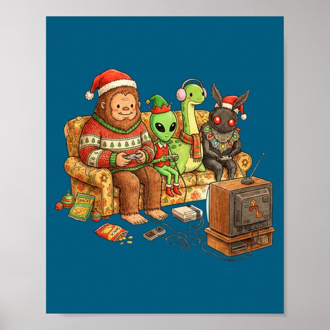 Bigfoot Alien Nessie Mothman Retro Gaming Christma Poster (Front)