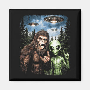 Bigfoot Alien Selfie Rock On Peace Sign Funny UFO Magnet