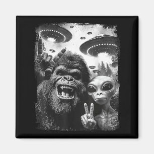 Bigfoot Alien Selfie Rock On Peace Sign Funny UFO Magnet