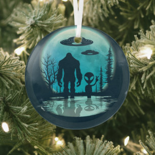 Bigfoot Alien UFO Glass Tree Decoration