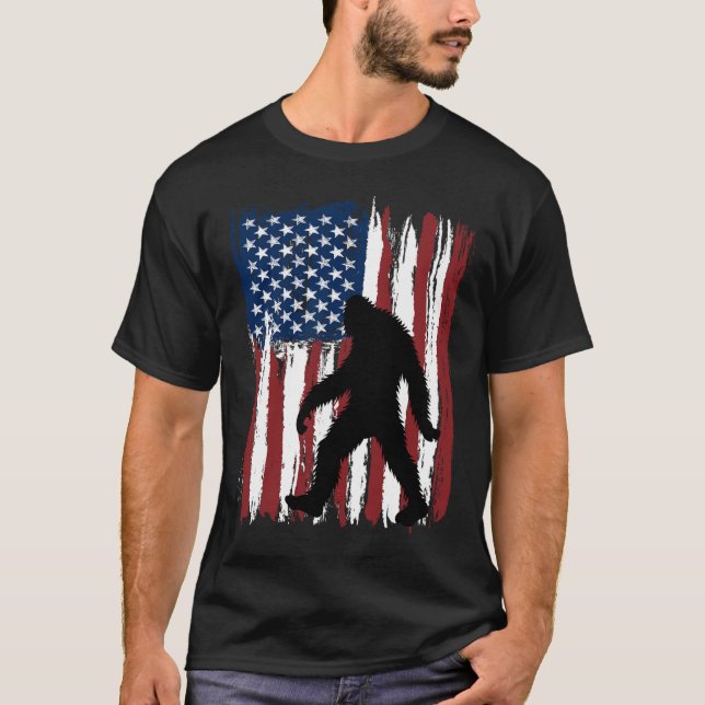 Bigfoot American Flag Funny 4th Of July Patriotic  T-Shirt (Front)