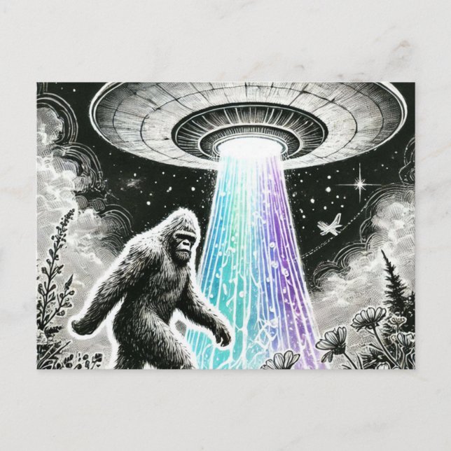 Bigfoot and a UFO in the Forest Postcard (Front)