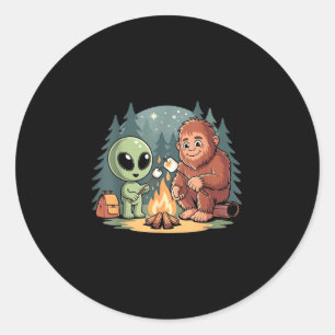 Bigfoot and alien campfire funny sasquatch ufo classic round sticker