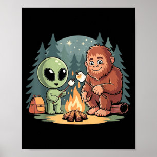 Bigfoot and alien campfire funny sasquatch ufo poster