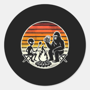 Bigfoot And Alien Camping Drinking Beer  Classic Round Sticker