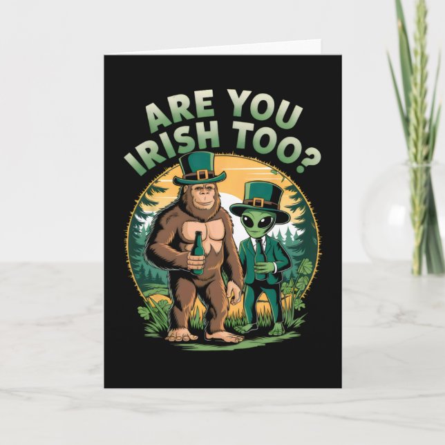 Bigfoot And Alien Drinking Beer Funny St. Patricks Card (Front)
