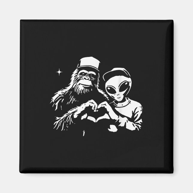 Bigfoot And Alien Heart Hands Funny Valentines Big Magnet (Front)
