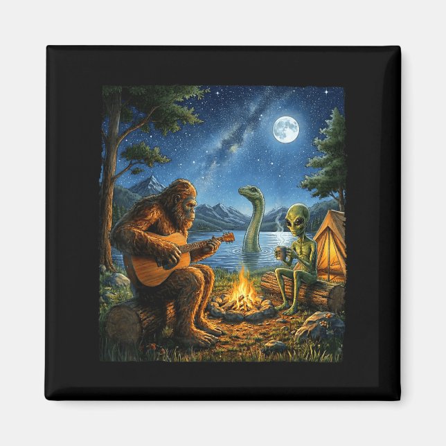 Bigfoot And Alien Loch Ness Campfire Sasquatch Fun Magnet (Front)