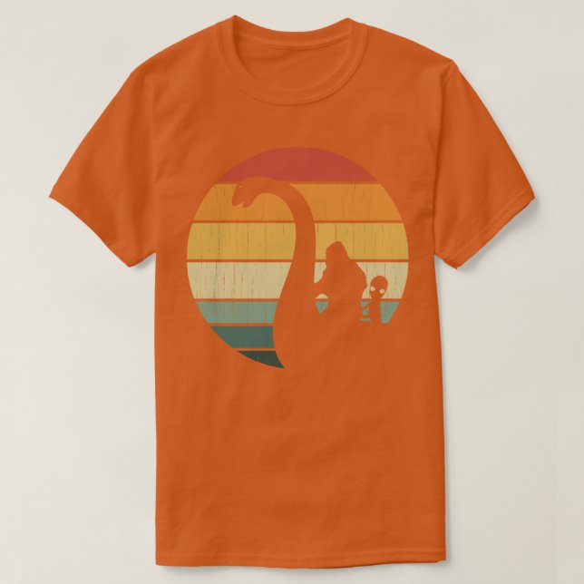 Bigfoot And Alien Riding Loch Ness Monster music T-Shirt (Design Front)