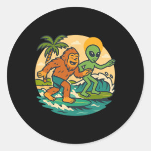 Bigfoot And Alien Surfing Graphic Beach Art Surfer Classic Round Sticker