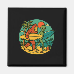 Bigfoot And Alien Surfing Vintage Beach Art Surfer Magnet