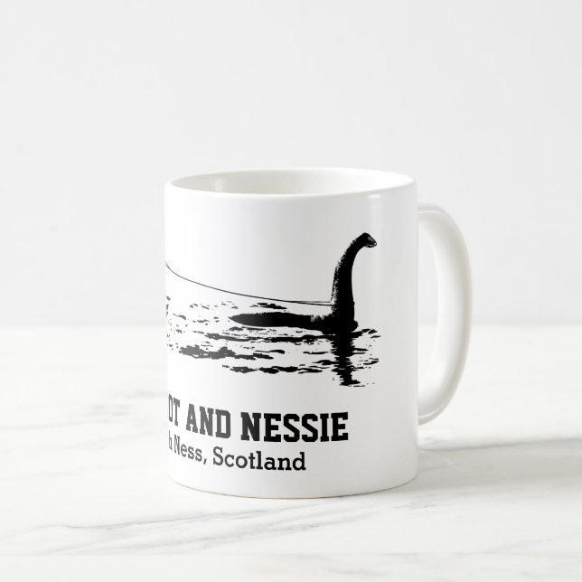 Bigfoot and Nessie Loch Ness Personalised Text Mug (Front Right)