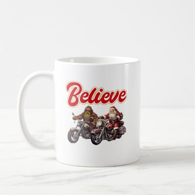 Bigfoot and Santa Riding Motorcycles Coffee Mug (Left)