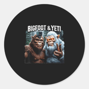 Bigfoot and yeti selfie retro forest nature classic round sticker