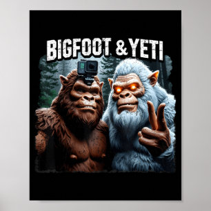 Bigfoot and yeti selfie retro forest nature poster