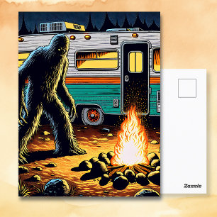 Bigfoot at Campfire and Retro Rv Postcard