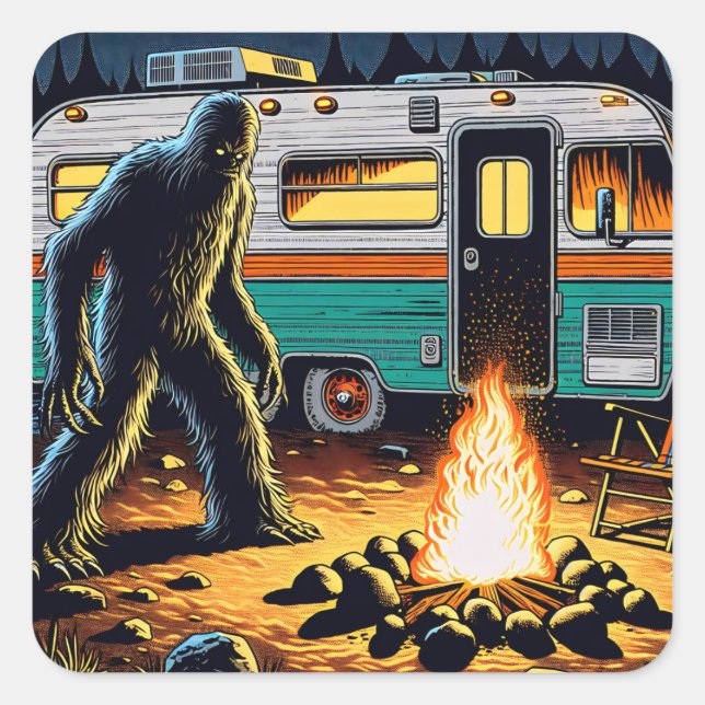 Bigfoot at Campfire and Retro Rv Square Sticker (Front)
