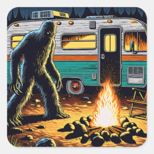 Bigfoot at Campfire and Retro Rv Square Sticker