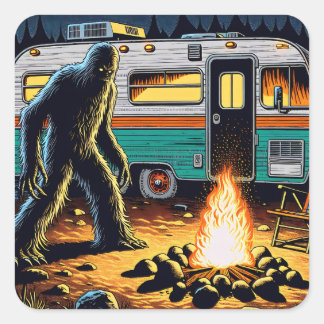 Bigfoot at Campfire and Retro Rv Square Sticker