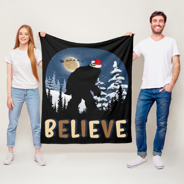Bigfoot Believe In Christmas Funny Sasquatch Xmas  Fleece Blanket (In Situ)