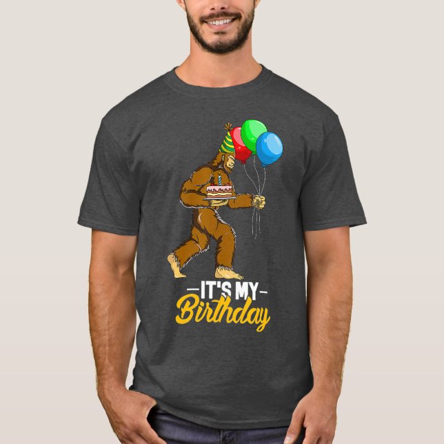 Bigfoot Birthday Cake Balloons Sasquatch Yeti T-Shirt (Front)