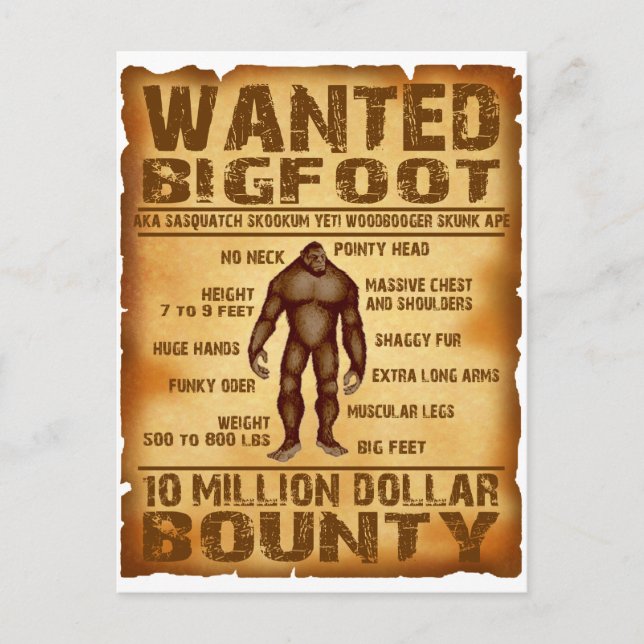 Bigfoot Bounty 10 Million Dollar Wanted Poster Postcard (Front)