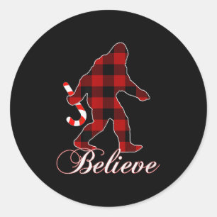Bigfoot Buffalo Plaid Believe Candy Cane Christmas Classic Round Sticker