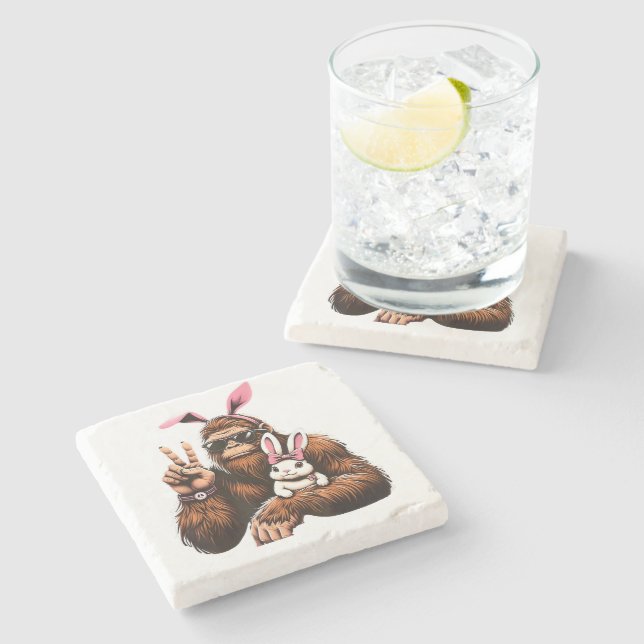 Bigfoot Bunny Funny Easter Day Sasquatch Stone Coaster (Side)