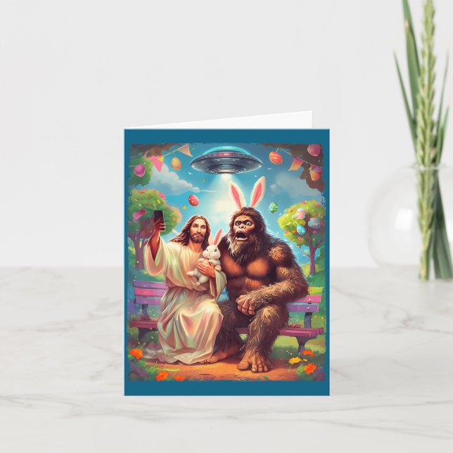 Bigfoot bunny funny easter jesus sasquatch selfie  card (Front)