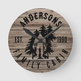 Bigfoot Cabin Rustic Wood Family Custom Name Round Clock